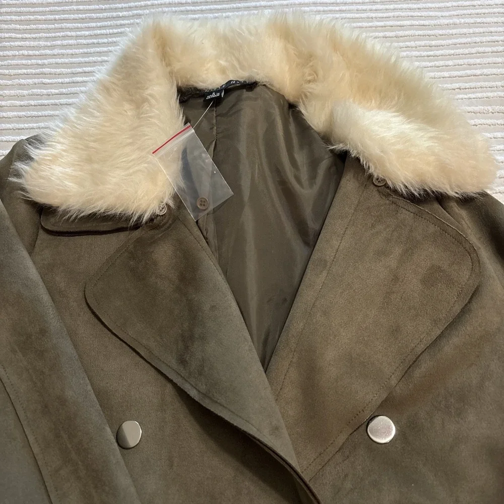 Hyfve Jacket Blazer Women's Sz S Faux Leather Suede olive Green‎ Faux Fur Trim - Picture 7 of 15